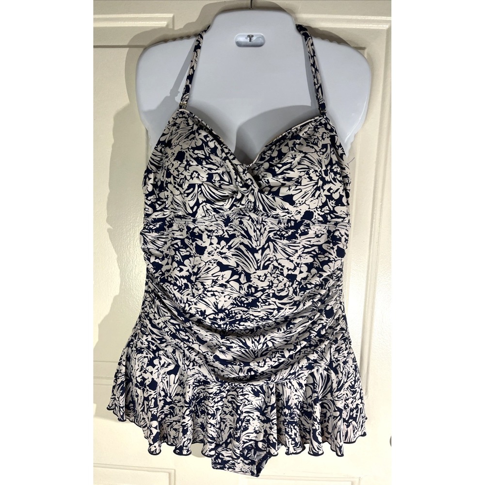 Shore Shapes Navy/Cream Tummy Control Skirted Ruched One-Piece Swimsuit Size 14